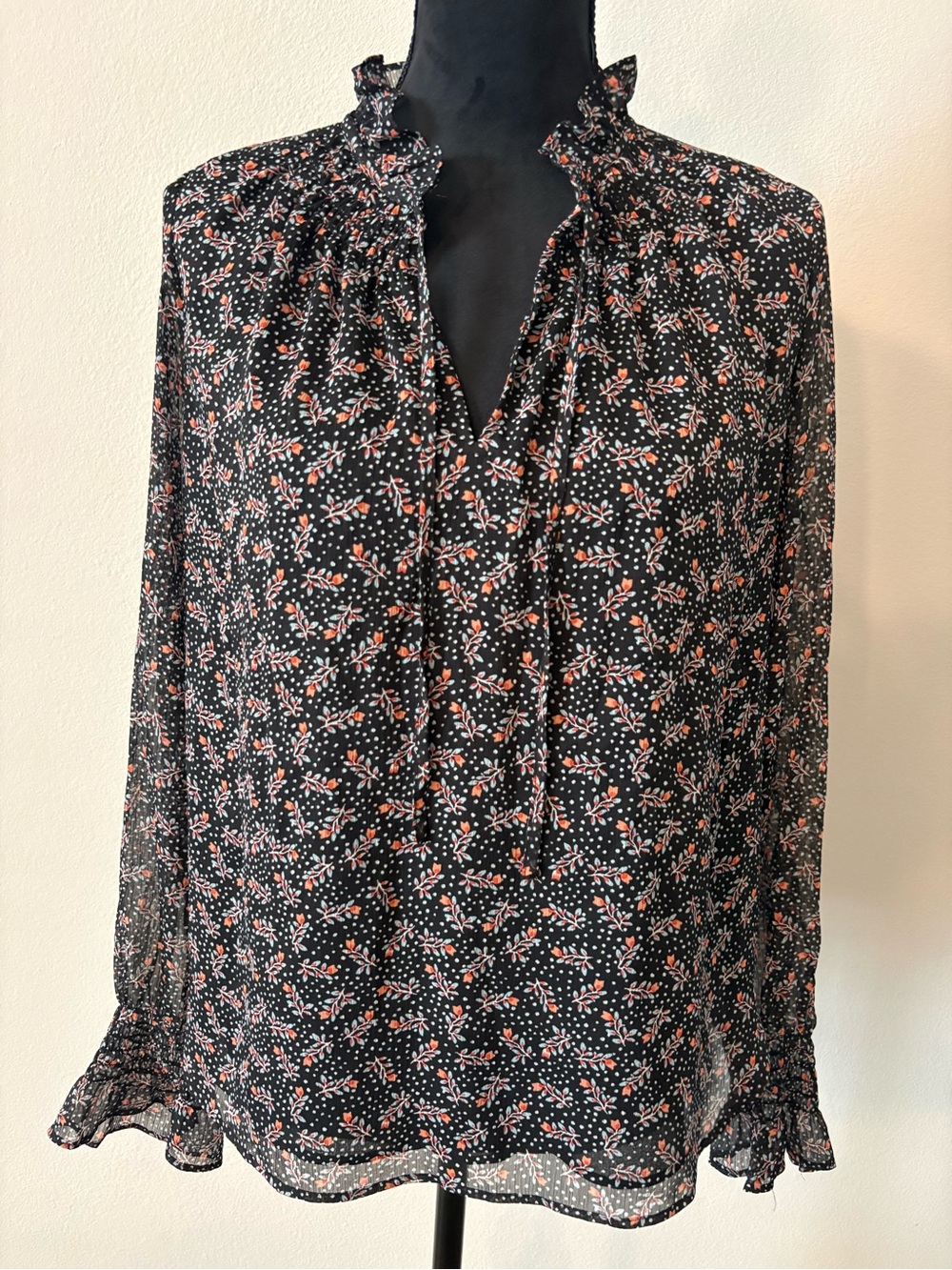 LOFT Black Sheer Blouse with Coral Floral Print